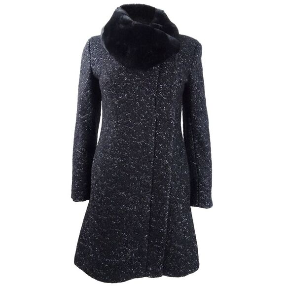 DKNY Women's Petite Asymmetrical-Zip Faux-Fur-Collar Coat - Black - Picture 1 of 3